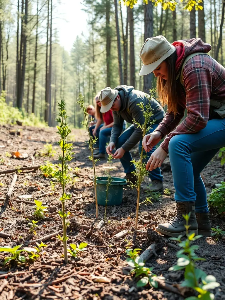 A photograph depicting association members conducting a habitat restoration project, such as planting trees or clearing invasive species, to improve local ecosystems.