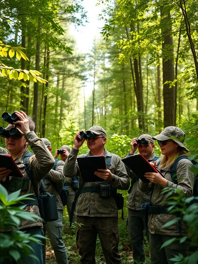A photograph showing members of the association conducting a wildlife census in a forest area, highlighting their commitment to monitoring and managing local fauna.