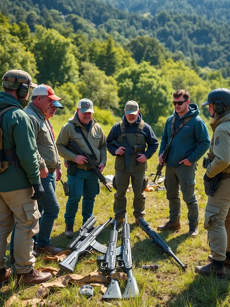 A photograph showing association members conducting a safety training session for local hunters, demonstrating proper firearm handling and safety protocols in a controlled environment.