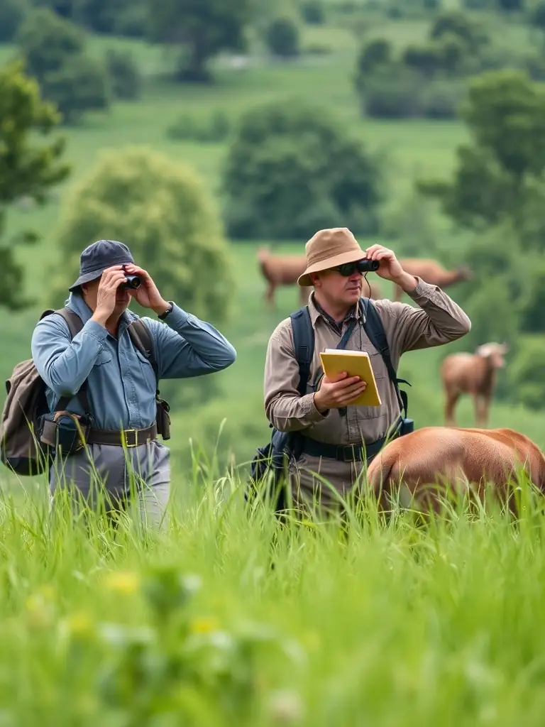 A photograph depicting members of the ASSOCIATION COMMUNALE DES CHASSEURS DE TONQUEDEC participating in a wildlife census, using binoculars and notebooks in a natural setting, emphasizing their commitment to responsible wildlife management.