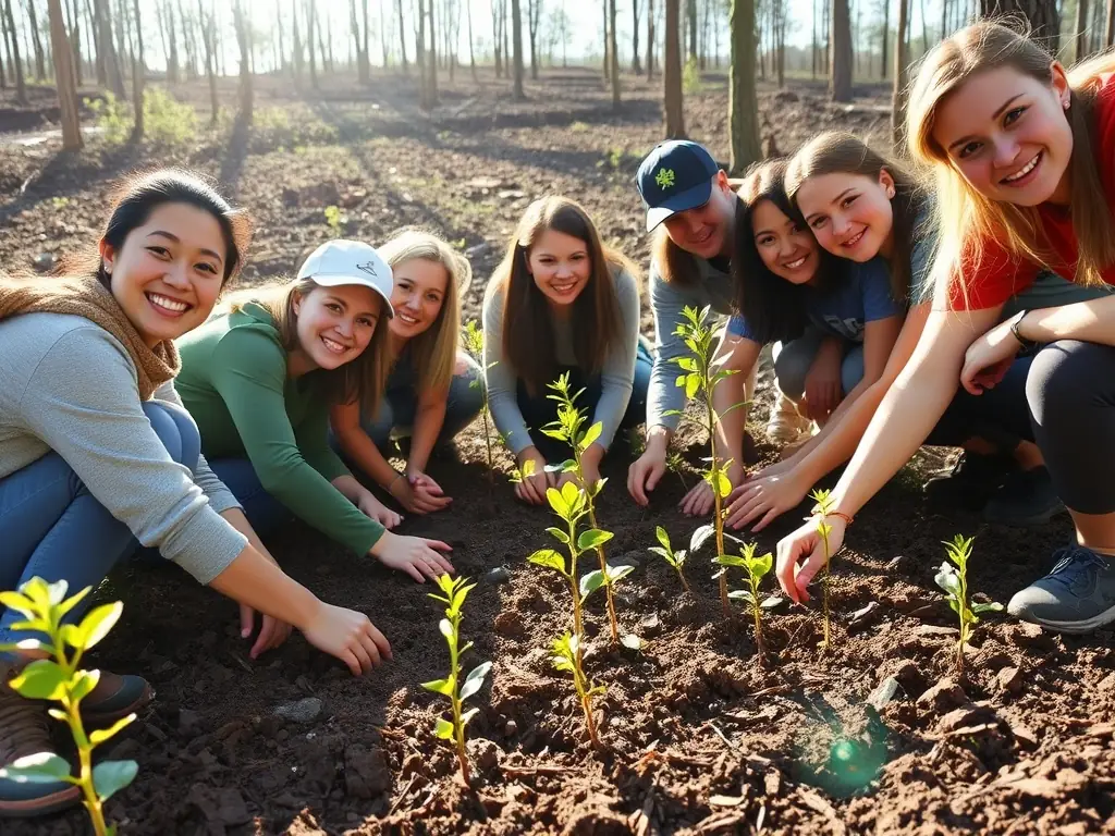 A photograph depicting volunteers participating in a wildlife habitat restoration project, planting native trees and shrubs in a designated area. The image should convey a sense of community involvement and environmental stewardship.