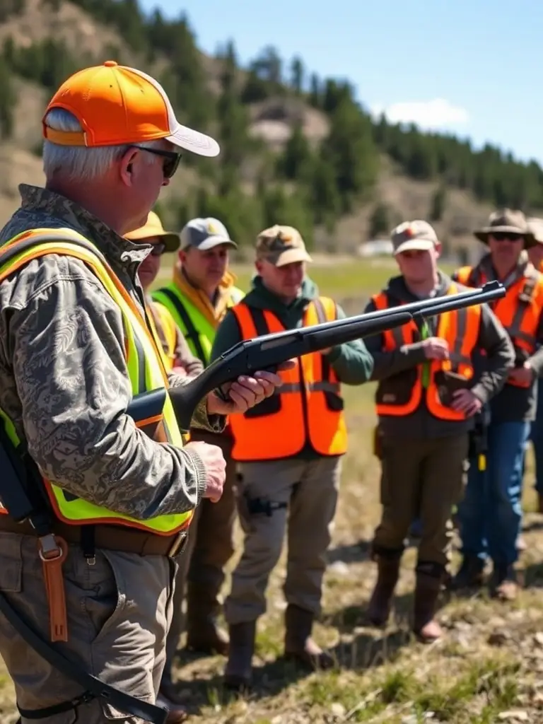 A photograph showing association members conducting a safety training session for hunters, emphasizing the importance of safe hunting practices and adherence to regulations.