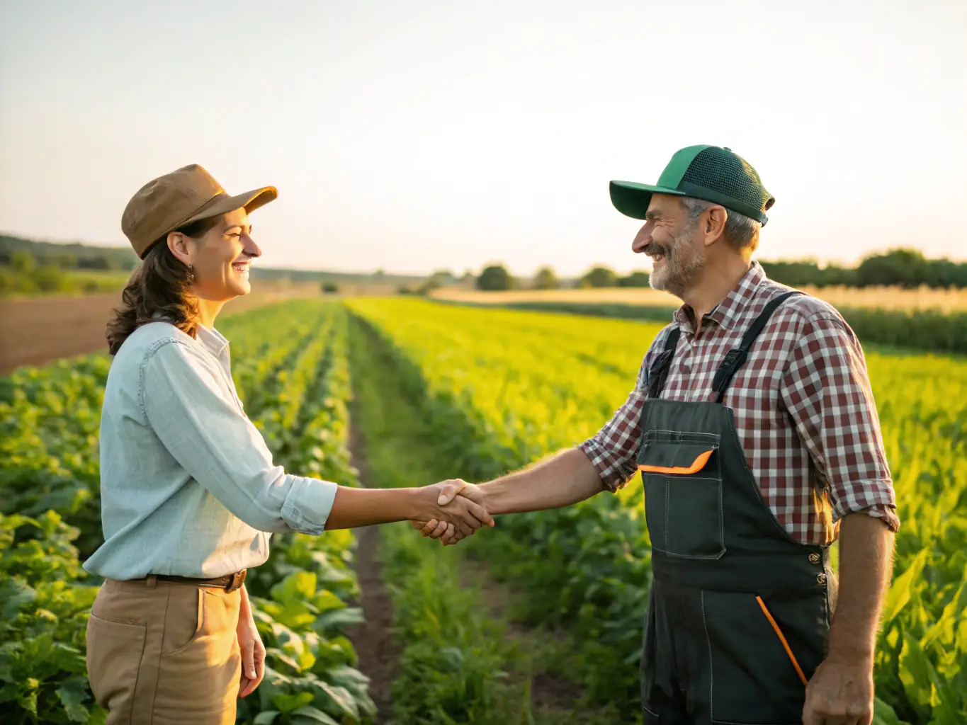 A photograph showing a local farmer shaking hands with a member of ASSOCIATION COMMUNALE DES CHASSEURS DE TONQUEDEC, symbolizing the successful collaboration in protecting crops from wildlife damage.