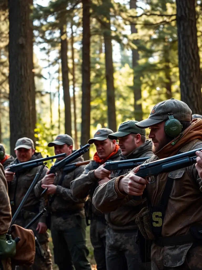 A photograph capturing a group of hunters participating in a controlled hunt in the Tonquedec region, emphasizing safety and responsible hunting practices.