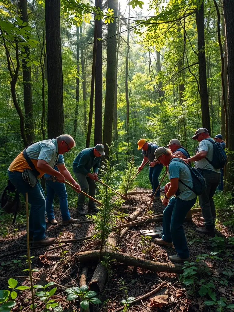 A photograph illustrating association members working on habitat restoration, planting trees and clearing invasive species to improve the natural environment for local wildlife.