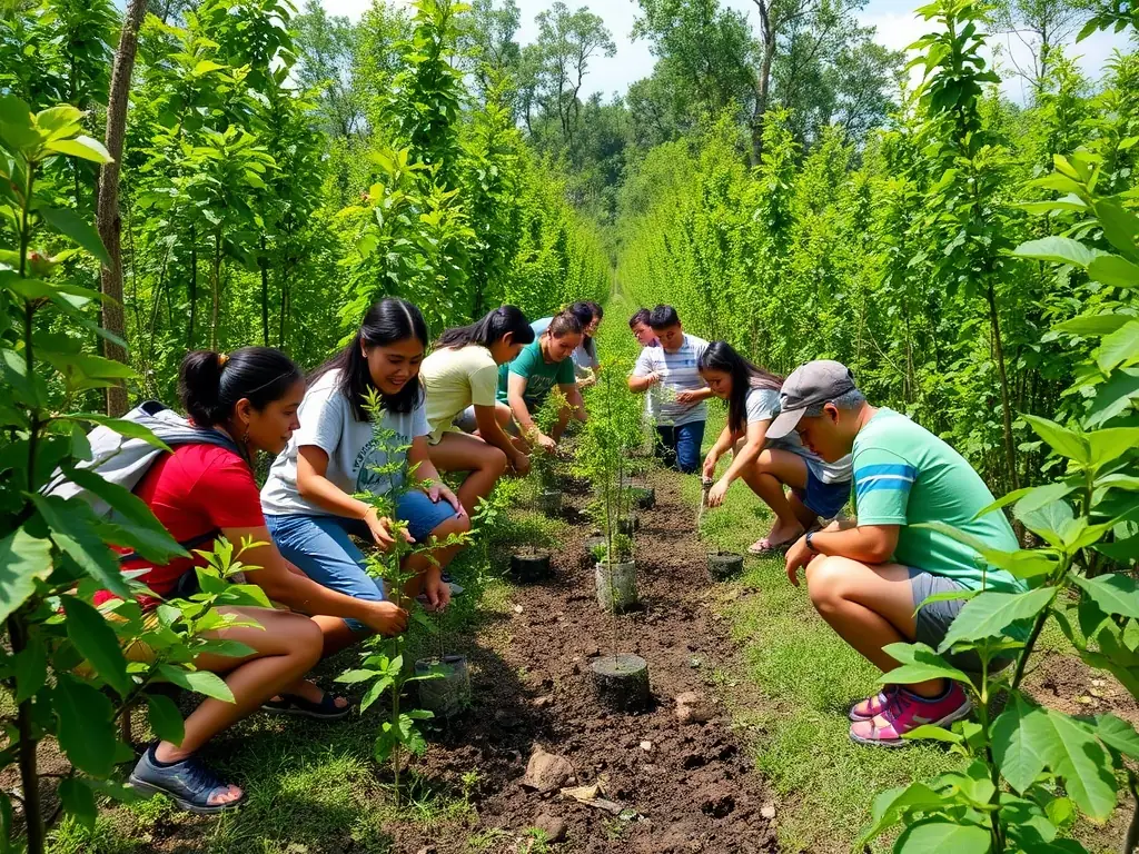 A photograph depicting a group of volunteers from ASSOCIATION COMMUNALE DES CHASSEURS DE TONQUEDEC participating in a habitat restoration project, planting trees and clearing invasive species in a local forest.