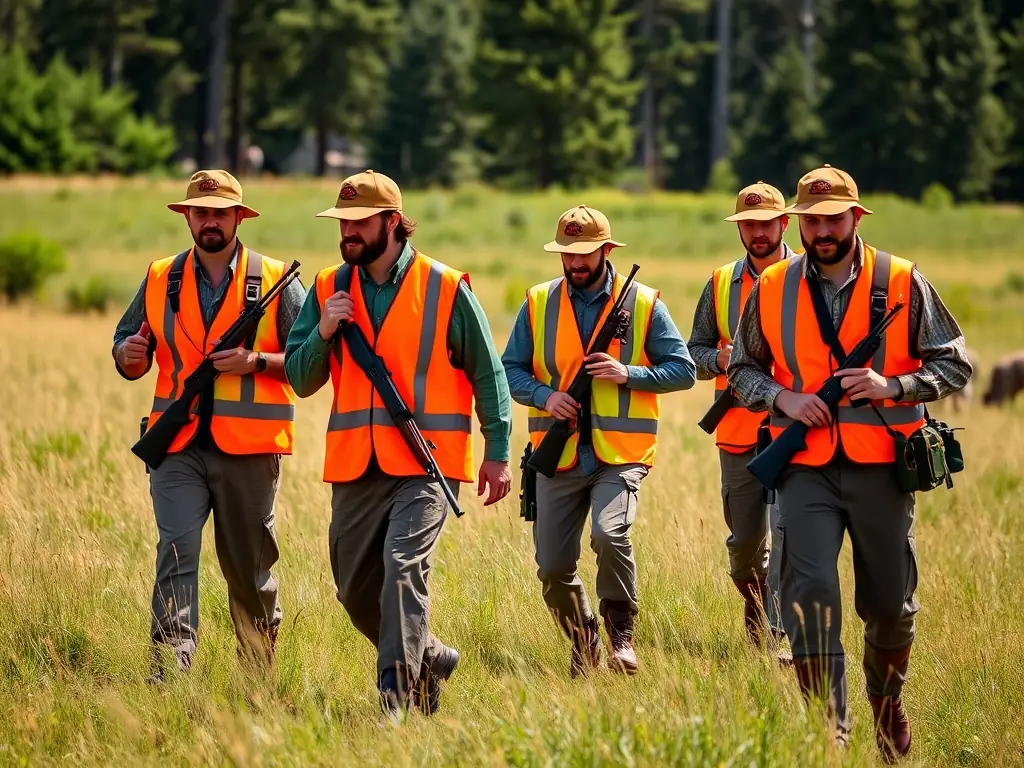 A photograph showing members of the association conducting a safety patrol in a rural area, equipped with appropriate gear and communication devices. The image should emphasize the importance of community safety and property protection.