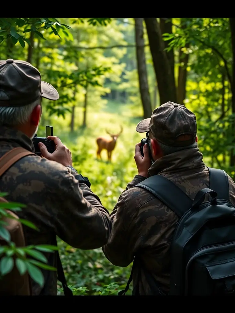A photograph depicting members of the ASSOCIATION COMMUNALE DES CHASSEURS DE TONQUEDEC participating in a wildlife census in the Tonquedec region, showcasing their commitment to responsible wildlife management.