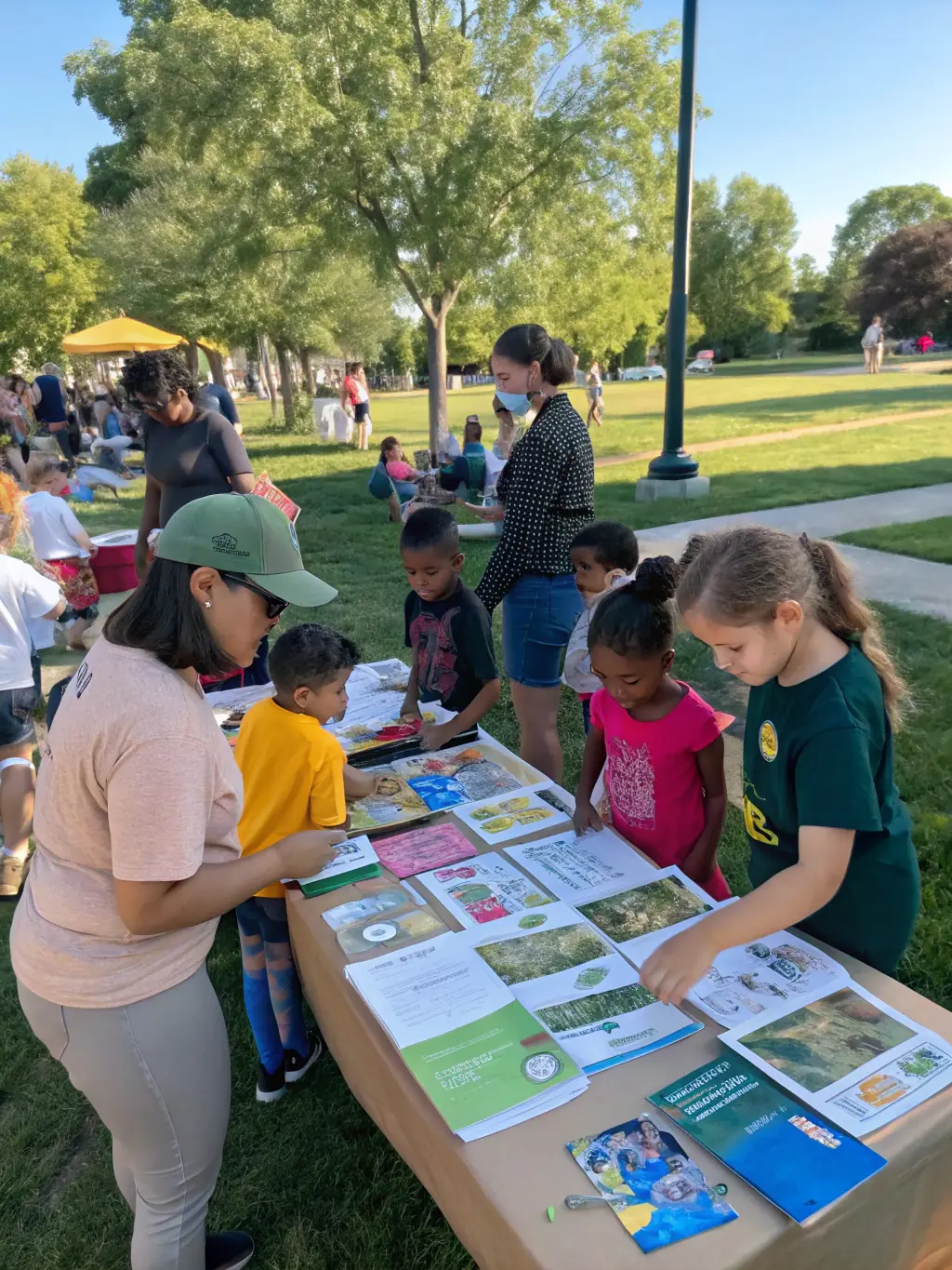 A photograph capturing association members engaging with local school children during an environmental education event, teaching them about wildlife conservation and the importance of preserving natural resources.