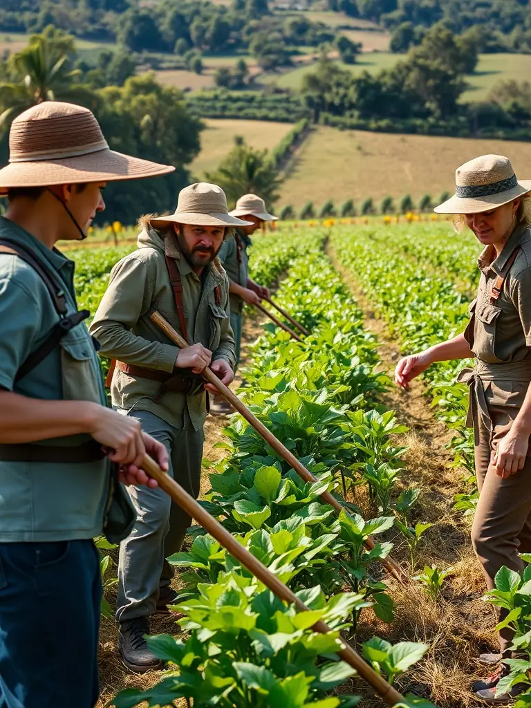 A photograph illustrating association members installing protective fencing around a farmer's field to prevent crop damage from wildlife, showcasing their efforts to protect local agriculture.